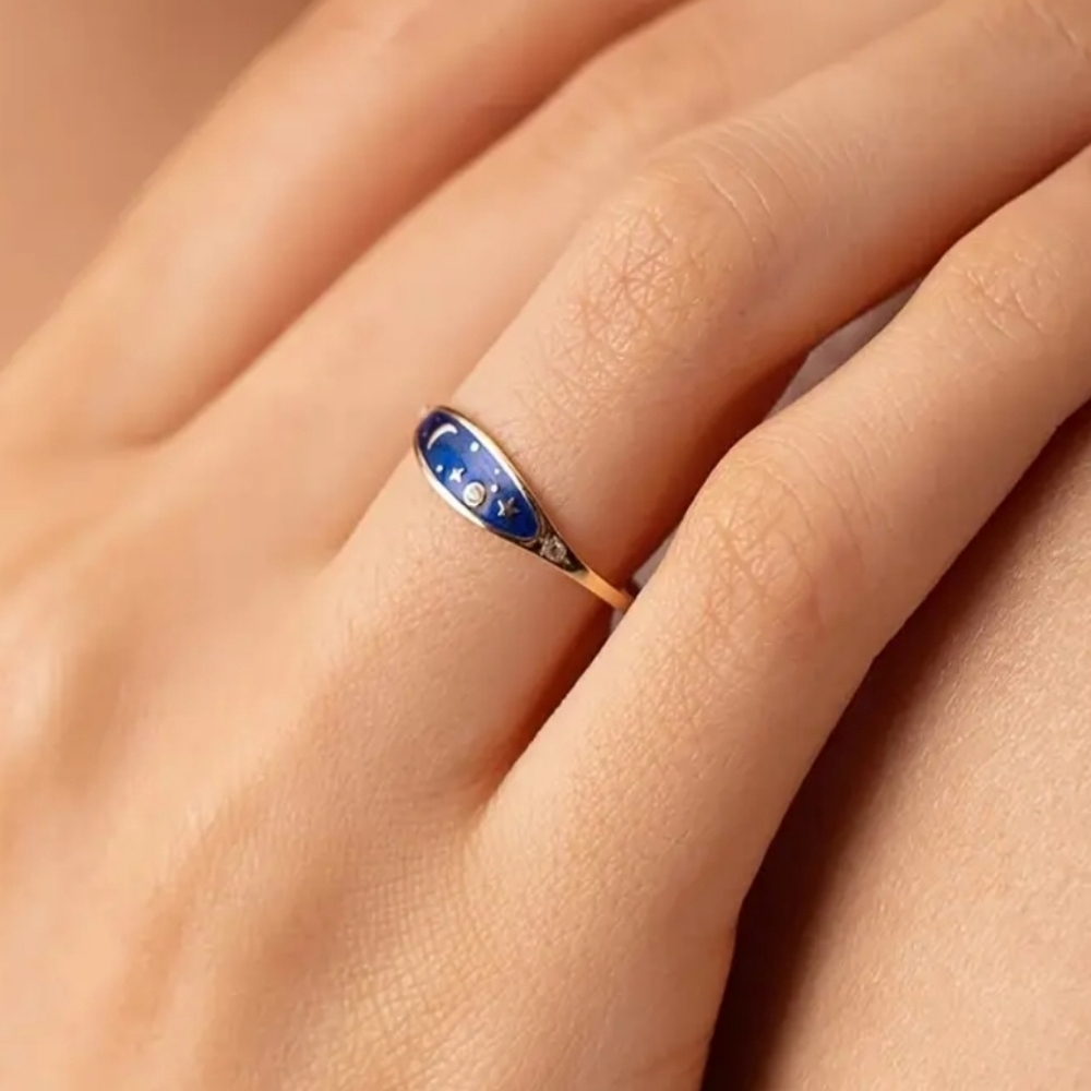 Golden Plated Copper Ring with Enamel Sky Design Moon and Stars Size 7 - Picture 2 of 3